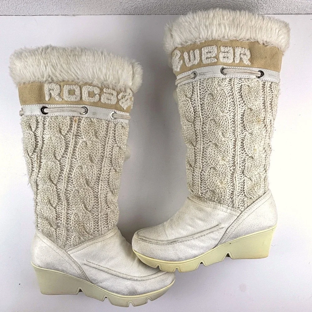 Vtg Rocawear Nadina Wedge Winter Boots Womens 7 Cream Cable Knit Faux Fur Y2K